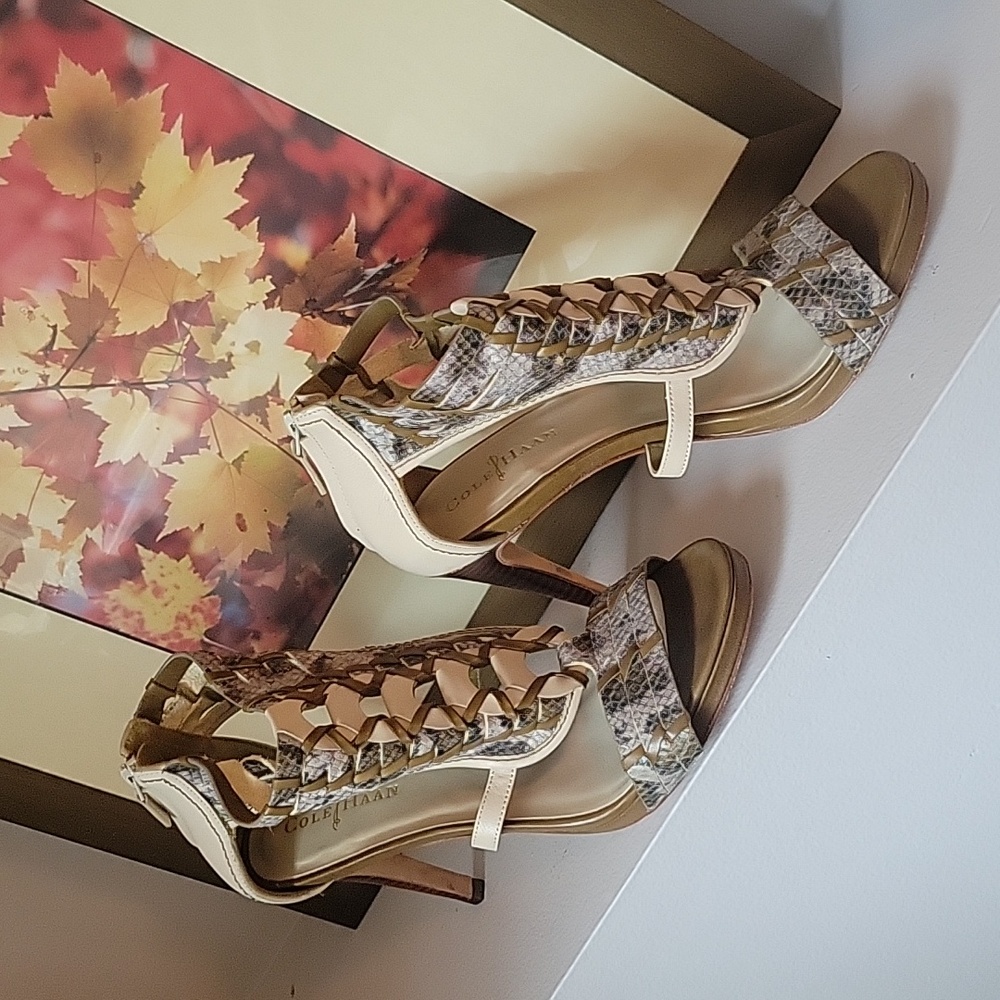 Sexy mixed snake skin and leather strappy 4" Cole Haan heels.